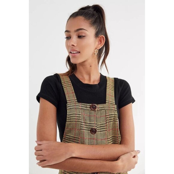 Urban Outfitters Dress Small Joey Yellow Houndstooth Plaid Mini Pinafore Overall - Picture 10 of 11